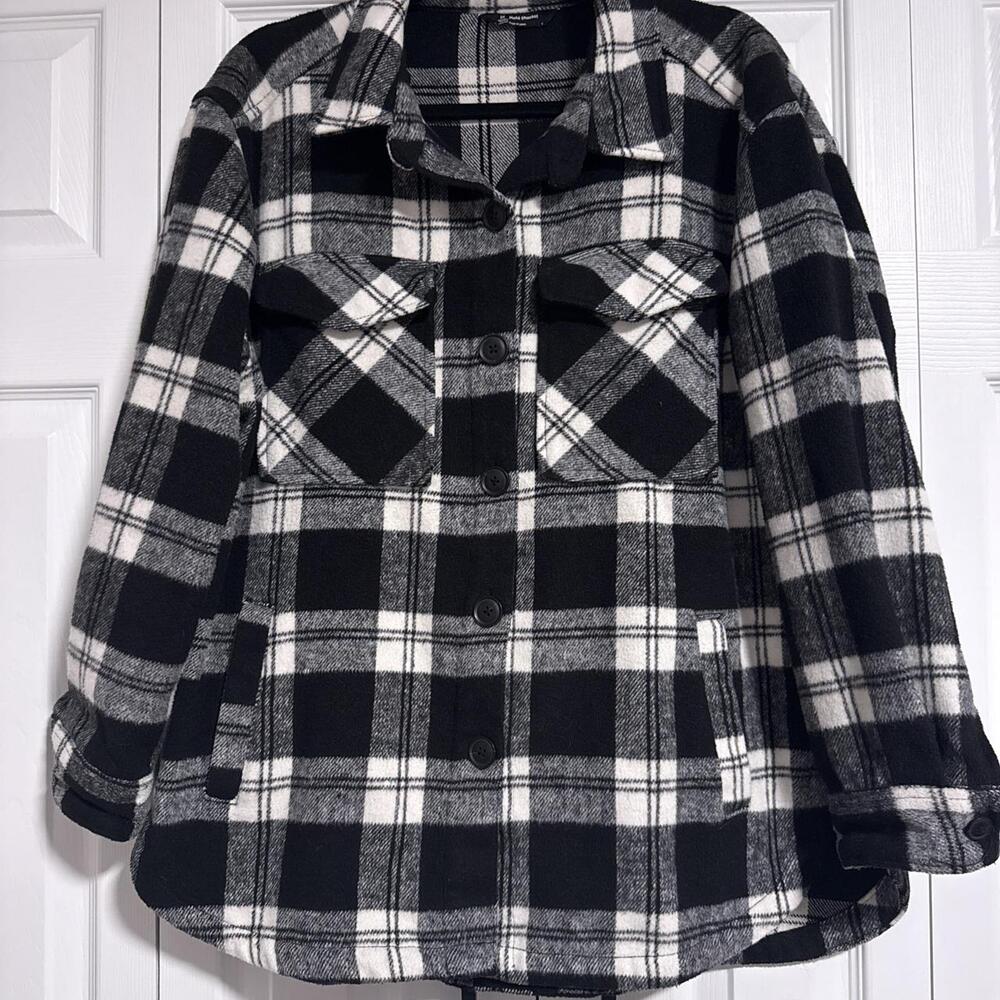 Member's Mark Women's Black and White Plaid Shacket, Size L - Polyester, Cotton
